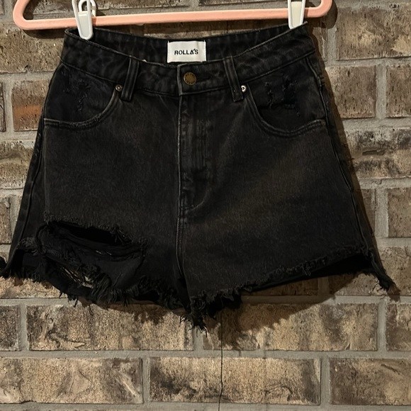 Rollas Dusters High Rise Slim black distressed 100% cotton denim shorts size 25 - Picture 11 of 12